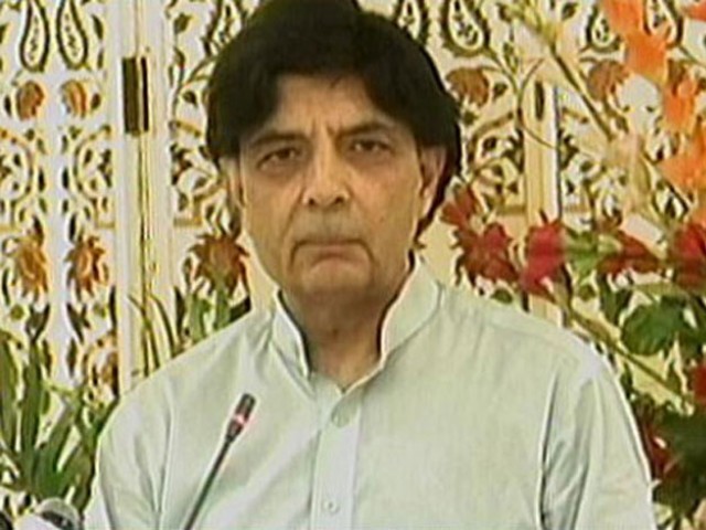 Interior Minister Chaudhry Nisar Ali Khan addresses a press discussion in Islamabad on Thursday, Jul 27, 2017. EXPRESS NEWS SCREENGRAB