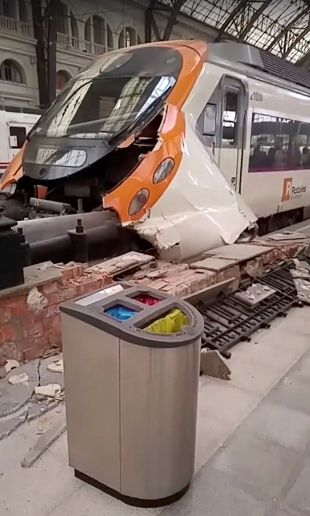 a commuter train is seen crashed into a railway buffer in barcelona 039 s francia station spain july 28 2017 in this still image from a video obtained from social media photo reuters