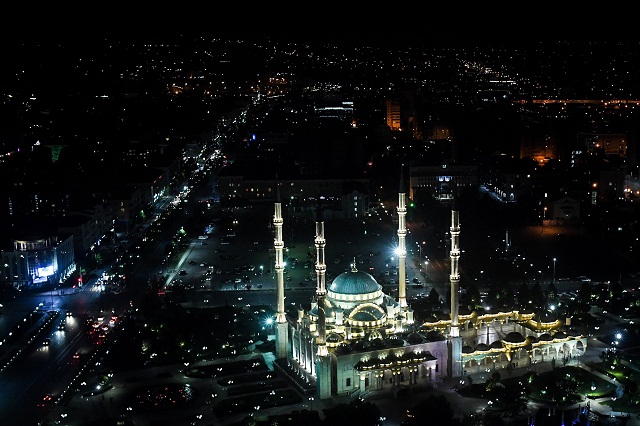 24 a picture taken late on july 24 2017 shows the heart of chechnya mosque and the avenue named after russian president vladimir putin l in central grozny photo afp