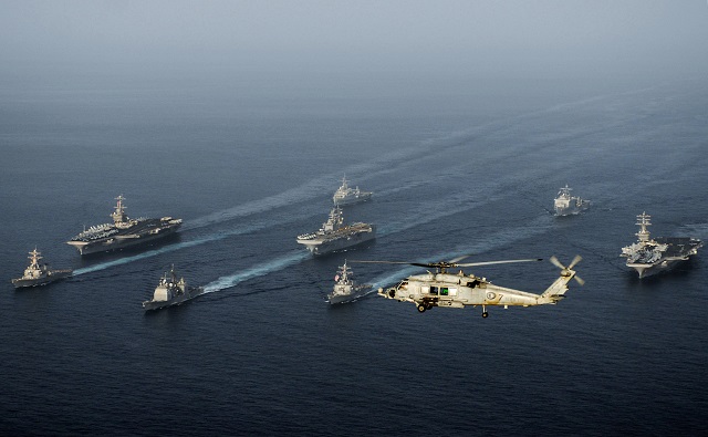 this file handout released by the us navy on may 23 2007 shows the uss john c stennis the uss nimitz and the uss bonhomme richard along with uss antietam uss o 039 kane uss higgins uss denver and uss rushmore steaming through the gulf of oman iran 039 s revolutionary guards said on july 29 2017 that the us navy had approached their patrol vessels in the gulf and fired flares in what it called a provocative move photo afp