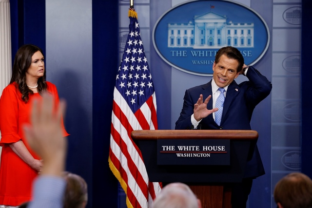 white house communications director anthony scaramucci flanked by white house press secretary sarah sanders speaks at the daily briefing at the white house in washington photo reuters file