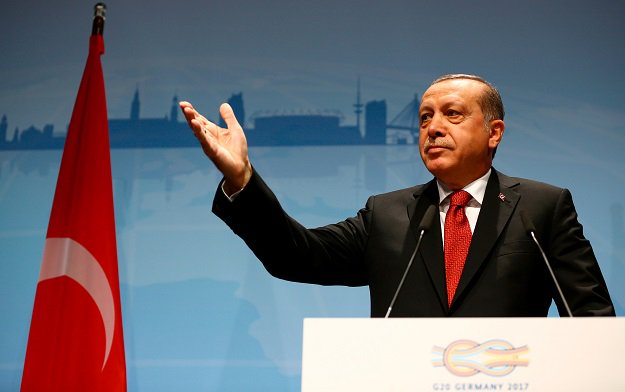  Turkish President Recep Tayyip Erdogan gestures during a news conference to present the outcome of the G20 leaders summit in Hamburg, Germany. PHOTO: AFP