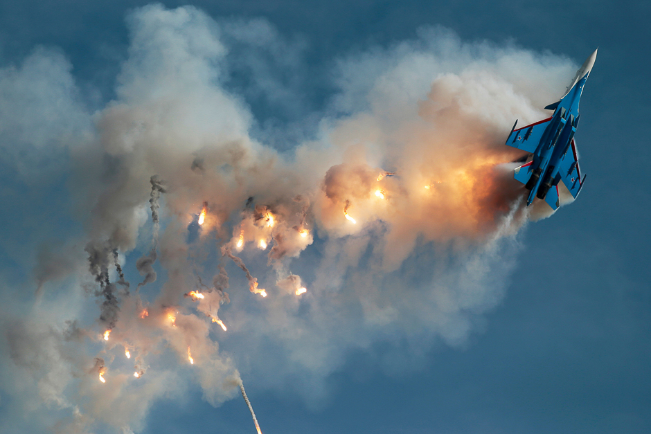 Sukhoi Su-30SM fighter of the Russkiye Vityazi (Russian Knights) aerobatic team performs at the ARMY 2017 International Military-Technical Forum at the Kubinka airbase outside Moscow, Russia. PHOTO: REUTERS