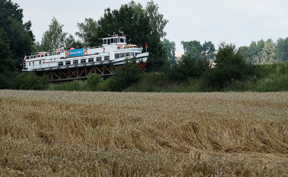 A ship rides on the tracks of the Katy slipway on the Elblag Canal in Katy, Poland. PHOTO: REUTERS
