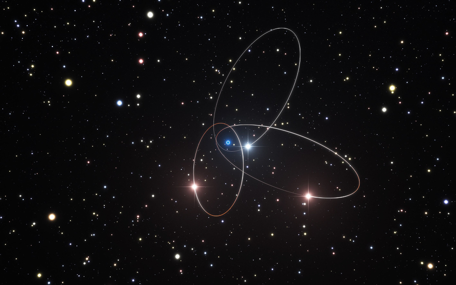 This handout artist's impression released on by the European Southern Observatory (ESO) shows the orbits of three of the stars very close to the supermassive black hole at the centre of the Milky Way.. PHOTO: AFP