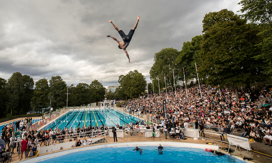 A competitor in the air during the World Championships in belly-flopping at Frognerbadet in Oslo, Norway. PHOTO: REUTERS