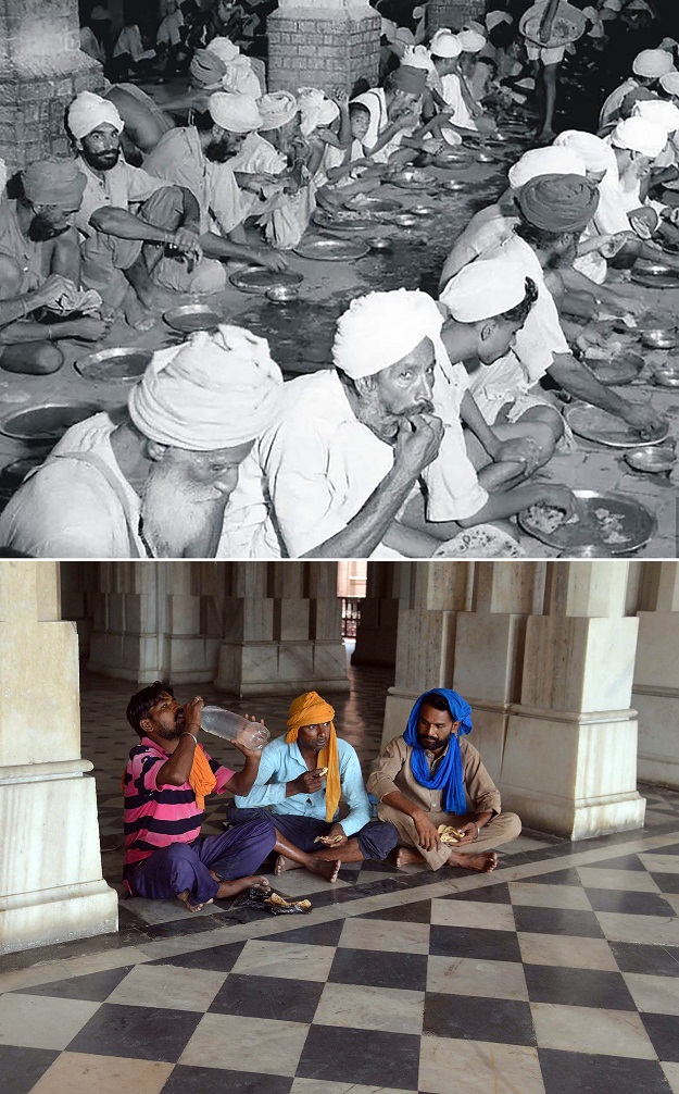 his combination of pictures created on July 28, 2017 shows (top) an undated picture taken circa 1947/1948 of Sikh people eating free food at a relief camp at Khalsa College in Amritsar following unrest in the wake of the Partition of India and Pakistan, and (bottom) Indian labourers eating food at Khalsa College in Amritsar on June 29, 2017. The Partition of India sparked one of the greatest mass migrations in modern history, with millions seeking sanctuary from the violence inside ancient tombs and forts transformed into sprawling refugee camps. More than 15 million people were displaced following India's independence from Britain in 1947, with Muslims embarking for the newly formed Pakistan as Hindus and Sikhs moved in the opposite direction PHOTO: AFP