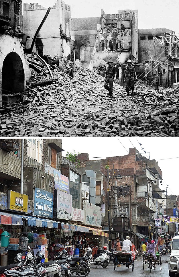 This combination of pictures created on July 28, 2017 shows (L) a photo taken in August 1947 of a destroyed building in the Katra Jaimal Singh area of Amritsar during unrest following the Partition of India and Pakistan in Amritsar, and (R) the same scene in Amritsar on June 29, 2017. The Partition of India sparked one of the greatest mass migrations in modern history, with millions seeking sanctuary from the violence inside ancient tombs and forts transformed into sprawling refugee camps. More than 15 million people were displaced following India's independence from Britain in 1947, with Muslims embarking for the newly formed Pakistan as Hindus and Sikhs moved in the opposite direction PHOTO: AFP