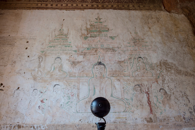 A 360 video camera records a fading mural in Bagan. Image: AFP Photo