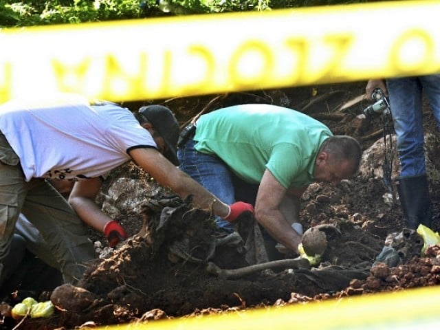 Bosnian debate expert, Murat Hurtic inspects a set of tellurian remains, during a site of a newly detected mass grave in a encampment of Tugovo, nearby Eastern-Bosnian city of Vlasenica, on Wednesday.  PHOTO: AFP