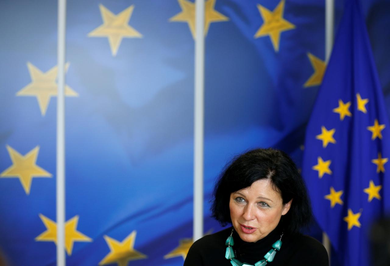 european justice consumers and gender equality commissioner vera jourova speaks during an interview with reuters at the eu commission headquarters in brussels belgium september 11 2017 photo reuters