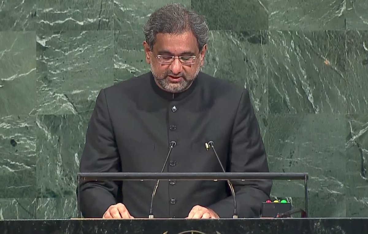 Prime Minster Shahid Khaqan Abbasi addresses a 72nd event of a UN General Assembly in New York. PHOTO: ONLINE