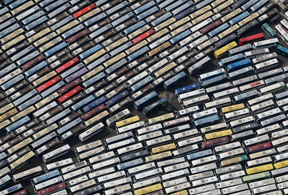 An aerial view shows buses parked after dropping pilgrims off near Mount Arafat. PHOTO: AFP