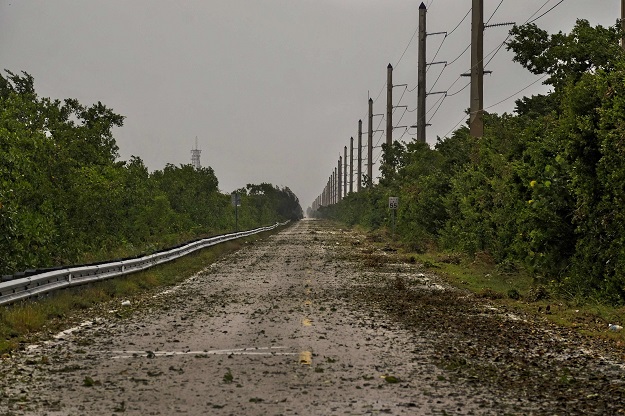 Debris litter Cardsound Road into the Florida Keys as winds and rain from the outer bands of Hurricane Irma arrive in Key Largo, Florida. PHOTO: AFP