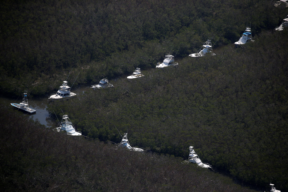 Boats lined up in a canal for protection are pictured in an aerial photo in the Keys in Marathon, Florida, US. PHOTO: REUTERS