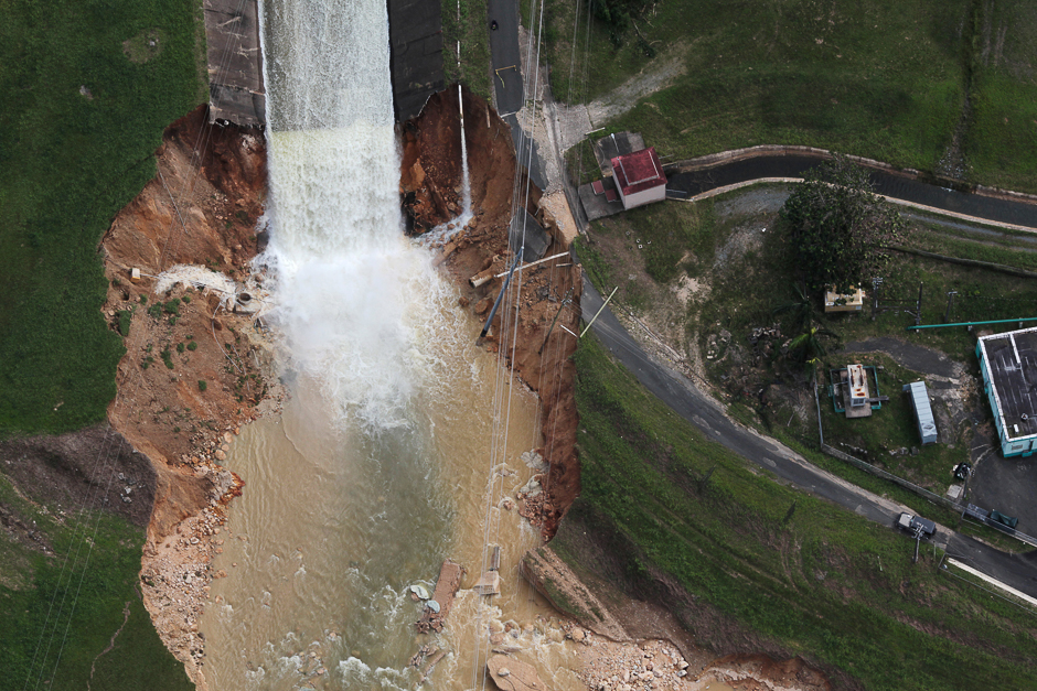 An aerial view shows the damage to the Guajataca dam in the aftermath of Hurricane Maria, in Quebradillas, Puerto Rico. PHOTO: REUTERS