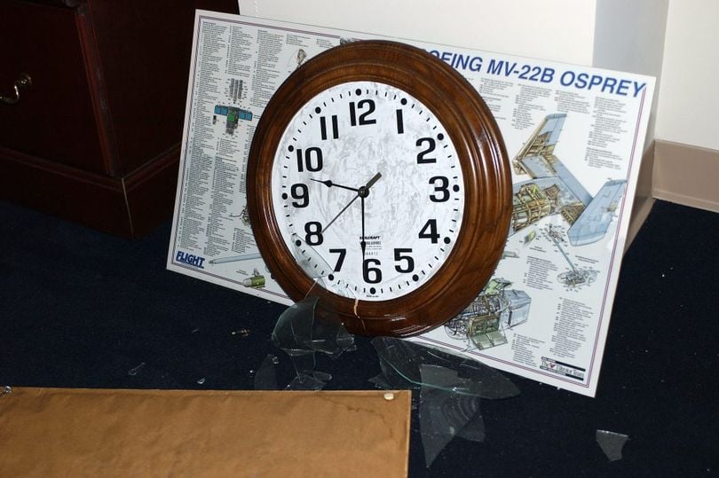 A clock, frozen at the time of impact, inside the Pentagon. PHOTO: SGT. LARRY A. SIMMONS