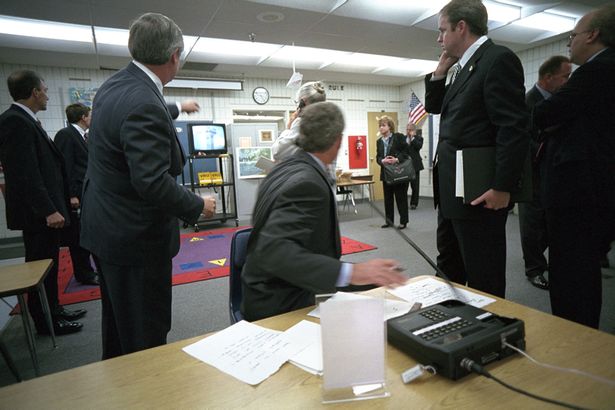 President George W. Bush turns around to watch television coverage of the attacks on the World Trade Centre. PHOTO COURTESY: George W Bush Presidential Library and Museum