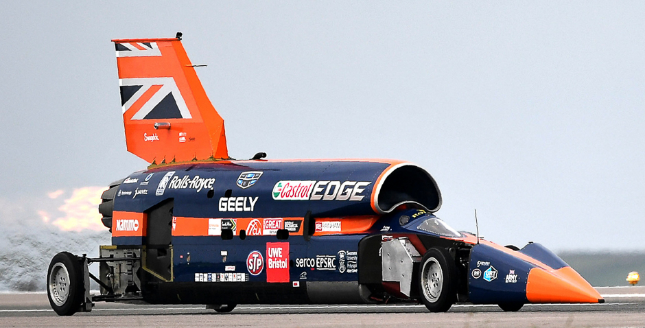 The Bloodhound supersonic car, driven by Andy Green, Royal Air Force Wing Commander, makes a test run at the airport in Newquay. The Bloodhound SSC aims to break the world land speed record in South Africa in 2019. PHOTO: REUTERS