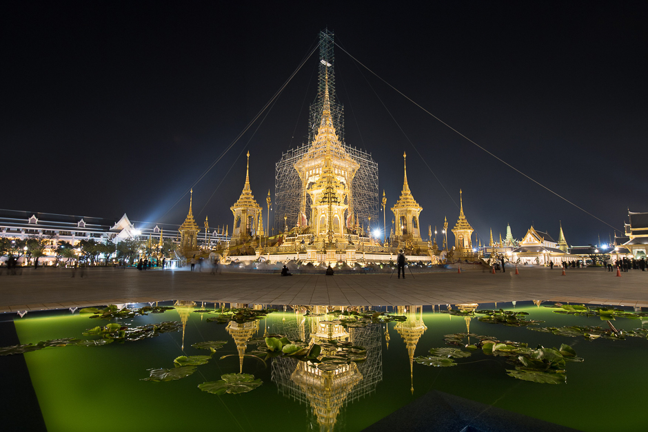 The cremation site for Thailand's late king Bhumibol Adulayadej's is reflected on a lotus pool. PHOTO: AFP
