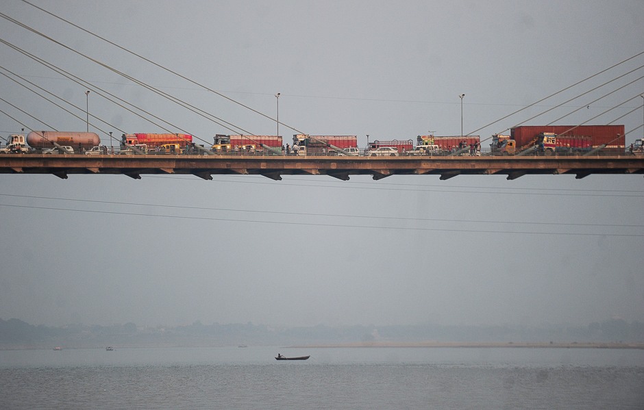Vehicles are seen during a traffic jam at Yamuna Bridge in Allahabad. PHOTO: AFP