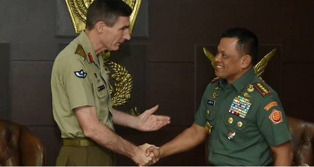 photograph released by the indonesian military shows indonesian military chief gatot nurmantyo r and chief of australian army angus campbell in february photo afp