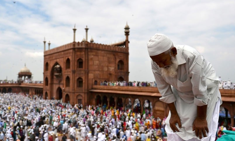 indian muslims offer prayers at jama masjid in new delhi photo afp