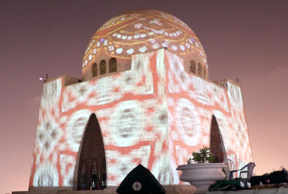 A beautiful view of 3D lights being projected on Mazar-e-Quaid during the Mototr Rally 2017, Karachi, Pakistan. PHOTO: ONLINE