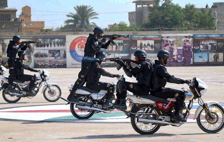 Recruits demonstrating their firearms skills during the passing out parade of 3rd and 4th batch of Police Recruit Course at Shaheed Benazir Bhutto Elite Police Training Centre, PHOTO: ONLINE