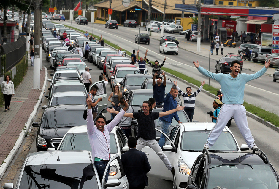 Uber drivers protest against a legislation threatening the company's business model that is to be voted in Brazil's national congress, in Sao Paulo, Brazil. PHOTO: REUTERS