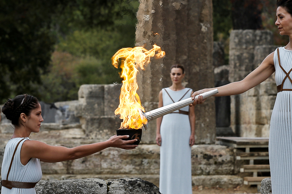Greek actress Katerina Lehou, playing the role of High Priestess with the flame on the torch during the Olympic flame lighting ceremony for the Pyeongchang 2018 Winter Olympics. PHOTO: REUTERS