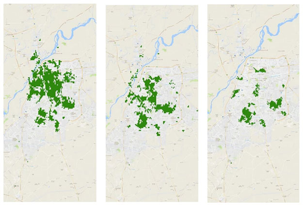 In 2007 (L), urban forest cover was 12359.71 hectares, in 2010 (C), urban forest cover was 7965.28 hectares and in 2015 (R), urban forest cover was 3520.32 hectares. PHOTO: ESA / ESA CCI LAND COVER PROJECT, LED BY UCL-GEOMATICS (BELGIUM)