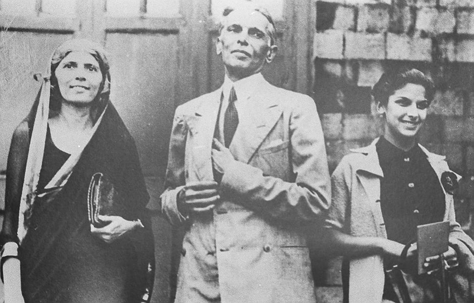 This undated file handout picture released on October 8, 1997 by the Quaid-e-Azam House shows Dina Wadia (R) at an undisclosed location with her father Mohammad Ali Jinnah (C), the founder of Pakistan, and aunt Fatima Jinnah (L). PHOTO: AFP