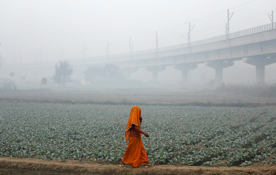 A woman walks across a field on a smoggy morning in New Delhi, India. PHOTO: REUTERS