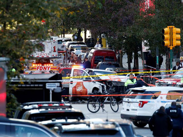 a home depot truck which struck down multiple people on a bike path killing several and injuring numerous others is seen as new york city first responders are at the crime scene in lower manhattan in new york ny us october 31 2017 photo reuters