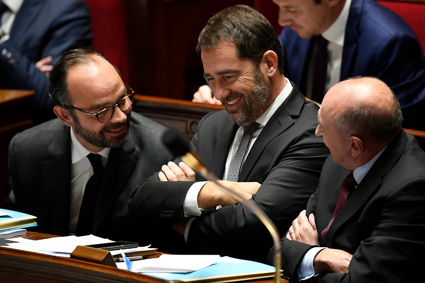 from l french prime minister edouard philippe french junior minister for the relations with parliament and government spokesperson christophe castaner and french interior minister gerard collomb attend a session of questions to the government at the french national assembly in paris on tuesday photo afp