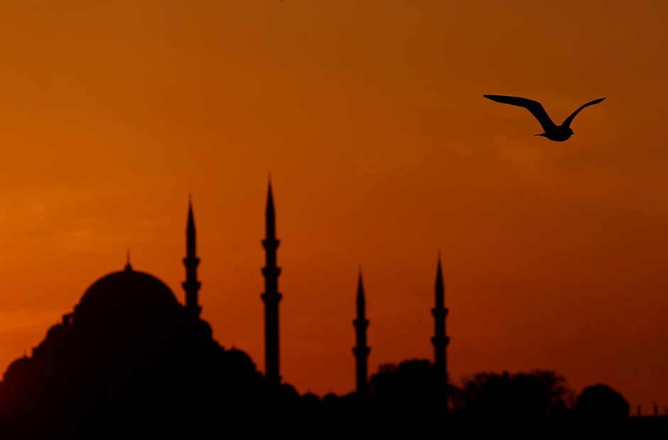 A seagull flies over the Bosphorus as the sun sets over the Suleymaniye mosque in Istanbul, Turkey. PHOTO: REUTERS