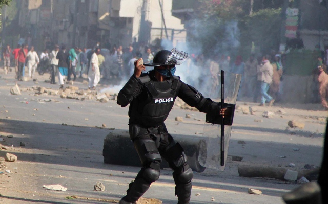 After a week of demonstrations at Numaish Chowrangi, the protesters grew violent on Saturday. PHOTO: ONLINE