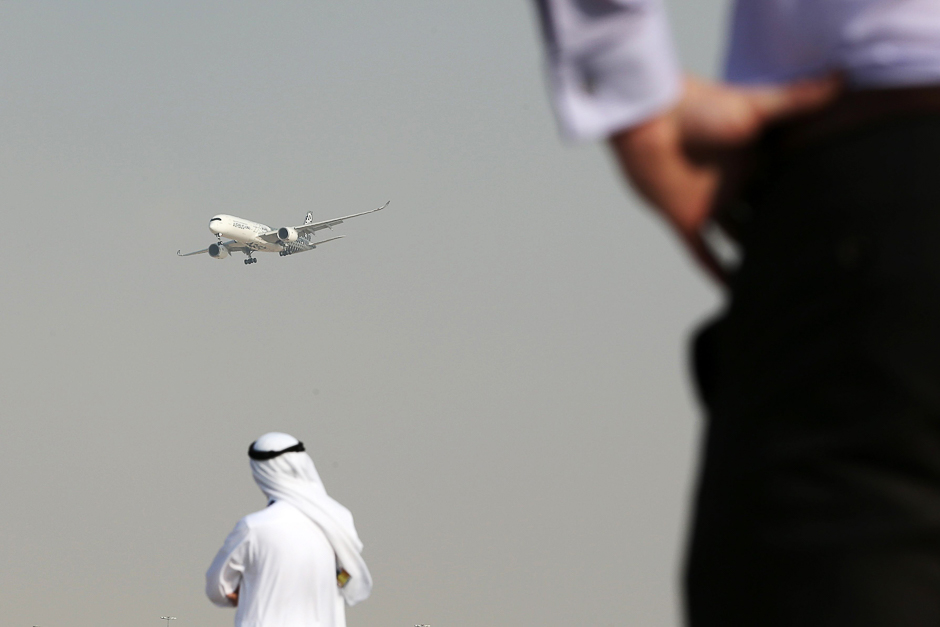 An Airbus A350 performs a flight display during the Dubai Airshow in the United Arab Emirates. PHOTO: AFP