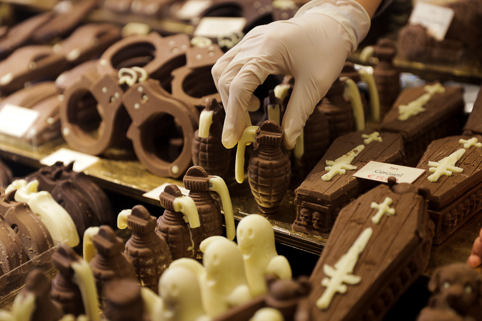 A picture shows different types of chocolate displayed during the 23rd Paris Chocolate Fair (Salon du Chocolat). PHOTO: AFP