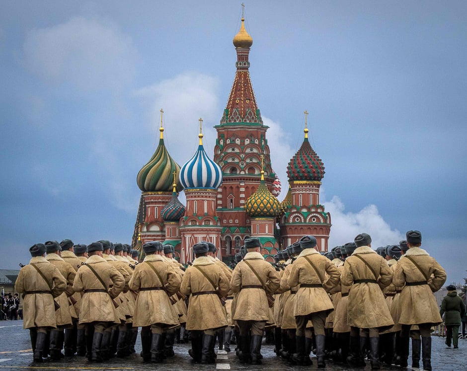 Russian soldiers rehearse ahead of a forthcoming parade on Red Square in Moscow. PHOTO: AFP
