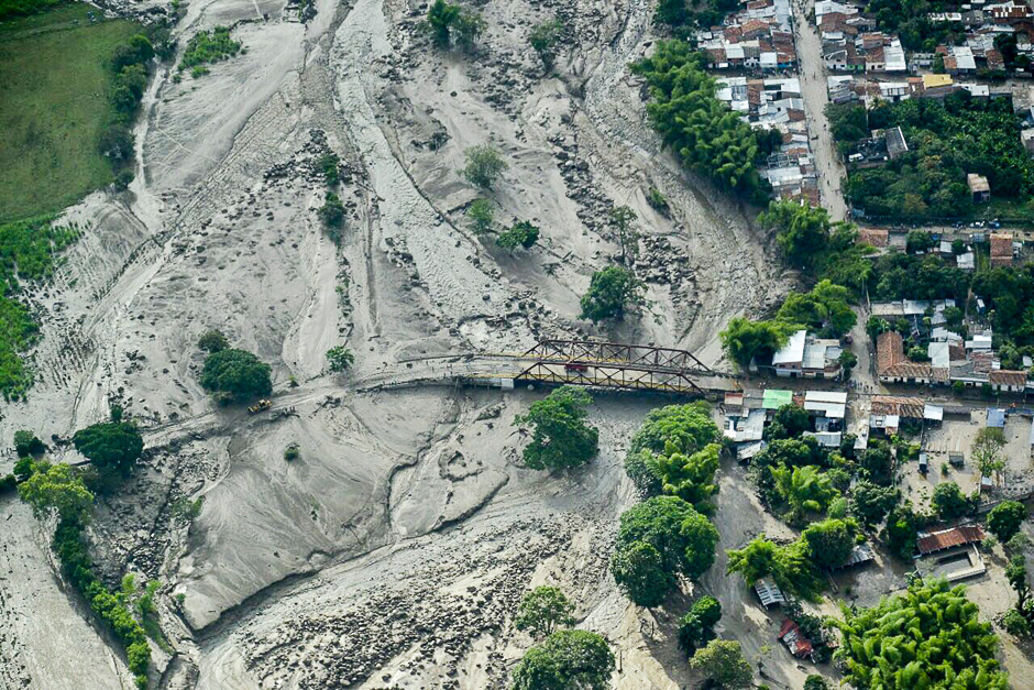 Handout picture released by the Colombian Air Force's press office showing an aerial view of Corinto, in the Colombian department of Cauca taken a day after a mudslide hit the town an killed at least four people. PHOTO: AFP