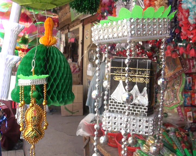 Decorative items placed in a shop for Rabiul Awwal celebrations. PHOTO: EXPRESS