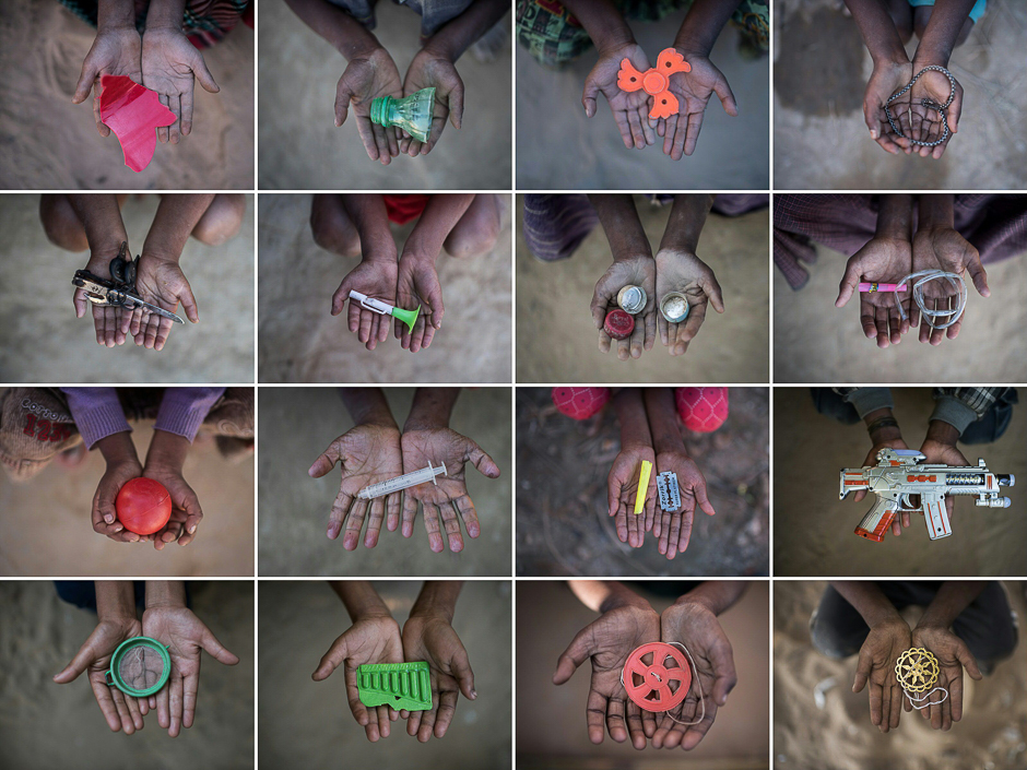 This combination of pictures created shows Rohingya children holding objects they use as toys to play with in refugee camps in Bangladesh's Cox's Bazar. PHOTO: AFP