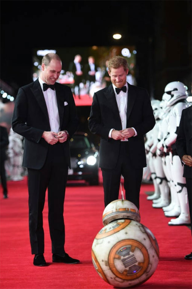 William and Harry were greeted by stormtroopers and the droid BB-8 as they arrived at London's Royal Albert Hall for the European premiere of 