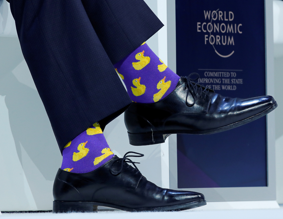 Canadian Prime Minister's Justin Trudeau's socks are seen as he attends the World Economic Forum (WEF) annual meeting in Davos, Switzerland. PHOTO: REUTERS