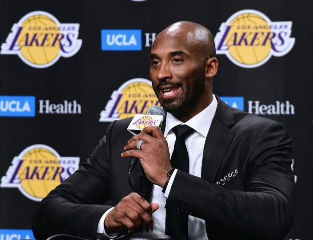 Kobe Bryant -- shown here addressing reporters in December as the Los Angeles Lakers prepared to retire his numbers -- is an unlikely Oscar nominee PHOTO: AFP