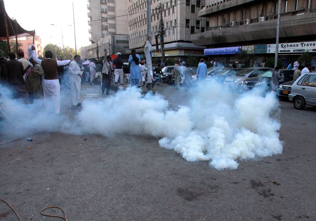 According to the District South police chief, the police only used teargas. PHOTO: ATHAR KHAN/EXPRESS