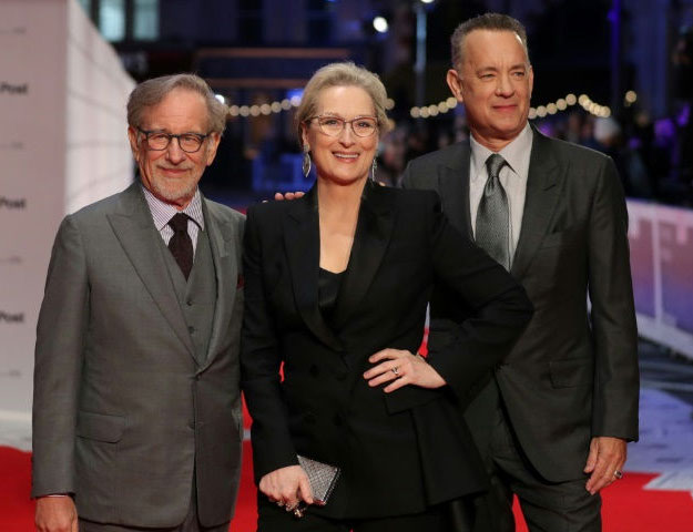 US film director Steven Spielberg (L), US actress Meryl Streep (C) and US actor Tom Hanks pose on arrival for the European premiere of 