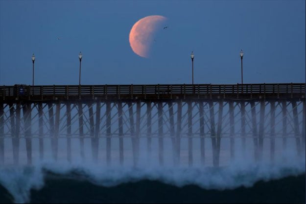 A blue moon comes out of a lunar eclipse as it sets past an ocean pier in Oceanside, California. PHOTO: REUTERS/Mike Blake